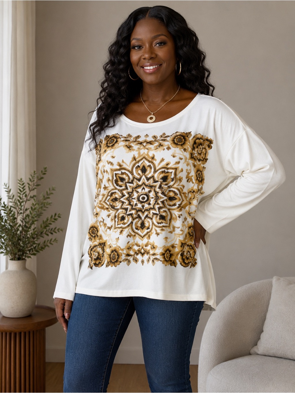 Zenergy by Chico’s Women’s Ivory Baroque Print Long Sleeve Top Size 3